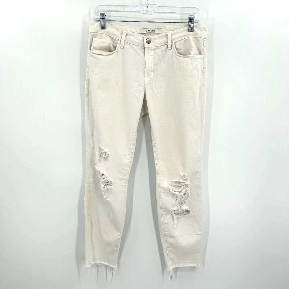 J BRAND *FLAWED* White Distressed Raw Hem Cropped Skinny Denim Jeans Size 27